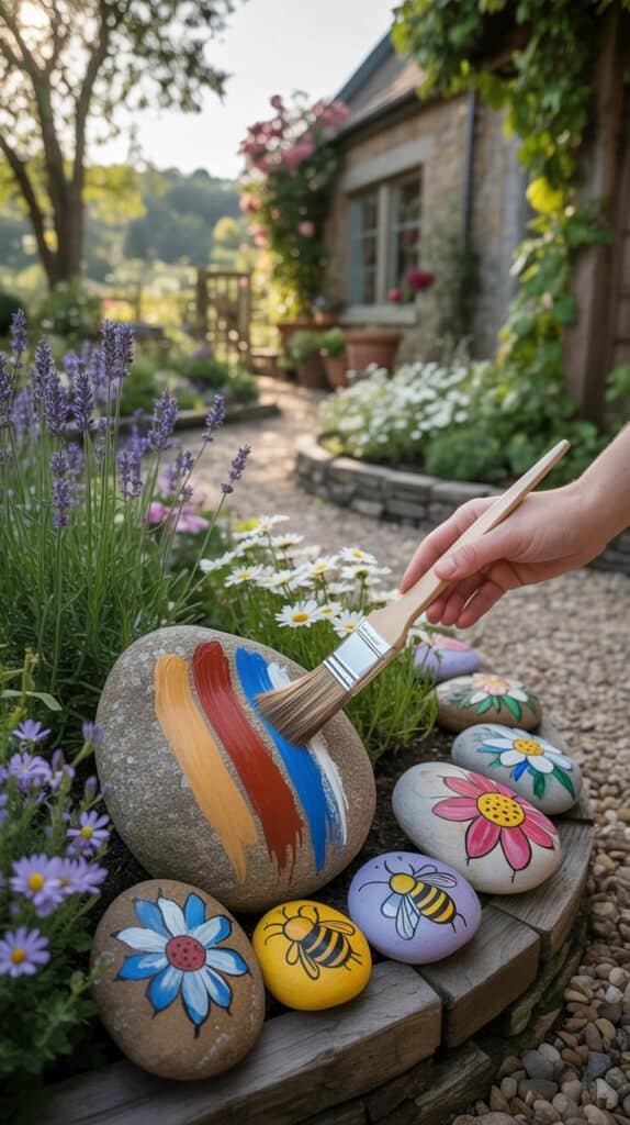 Whimsical rock painting techniques displayed in a serene English cottage garden. In the foreground, a hand-painted brush adds vivid strokes of ochre, red, and blue to a textured stone nestled among lavender and daisies. Around it, intricately painted rocks with floral motifs, bees, and countryside patterns are artfully arranged along a winding gravel path and garden bed edges. The background reveals a charming stone cottage framed by climbing roses and ivy, with sunlight filtering through trees and casting gentle shadows across the scene. The mood evokes creative joy, rustic charm, and a deep connection to nature’s beauty and English garden traditions.
