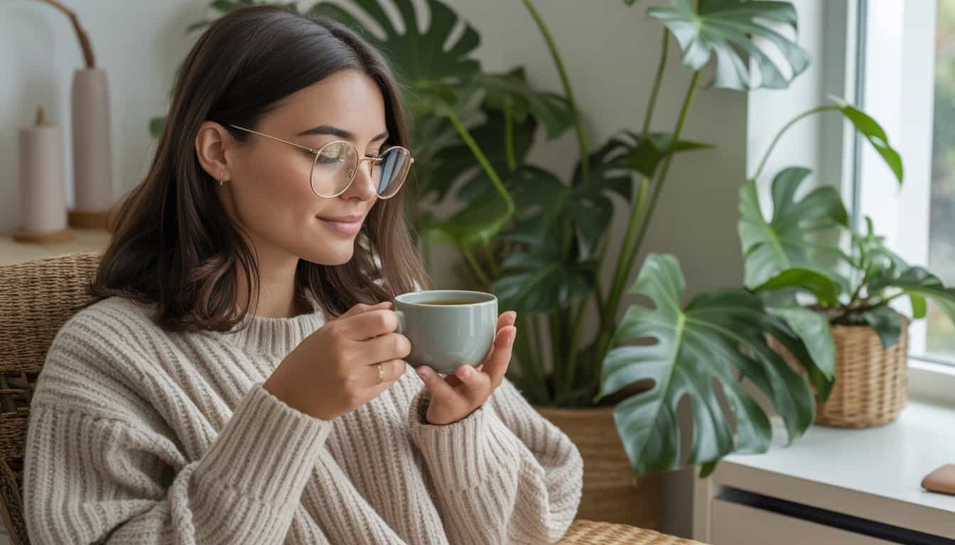 Woman relaxing with a cup of tea, representing realistic self-care myths versus Instagram-perfect self-care