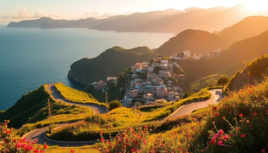 A breathtaking coastal landscape unfolds, showcasing the picturesque day trips that lie beyond the charming town of Positano. In the foreground, a winding road meanders through lush, rolling hills dotted with vibrant wildflowers, leading the eye towards the shimmering azure waters of the Tyrrhenian Sea. In the middle ground, quaint villages cling to the cliffs, their colorful homes and terraced gardens basking in the warm Mediterranean light. In the distance, the majestic silhouettes of the Amalfi Coast mountains rise, their peaks shrouded in wispy clouds. The scene is bathed in a soft, golden glow, creating a serene and inviting atmosphere that beckons the viewer to explore these budget-friendly day trip destinations.