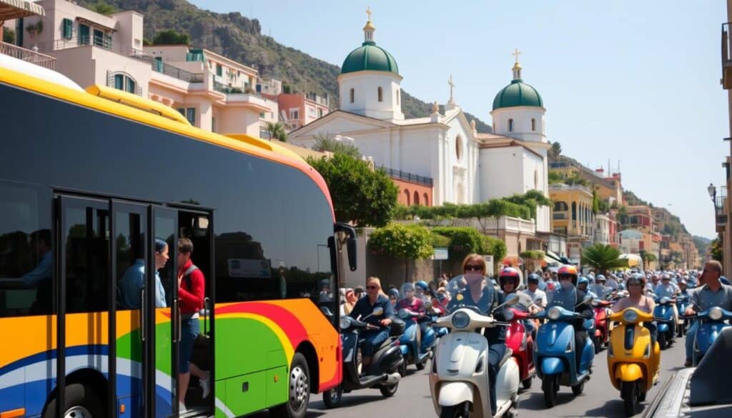 A breathtaking seaside town nestled along the Amalfi Coast, Positano offers a range of transportation options to explore its charming streets and picturesque vistas. In the foreground, a group of travelers disembarks from a colorful local bus, its sleek exterior gleaming in the warm Mediterranean sunlight. In the middle ground, a fleet of iconic Vespa scooters weaves through the narrow alleyways, their riders navigating the steep, winding roads with ease. In the background, the iconic domed church of Santa Maria Assunta stands tall, its iconic white and green façade complementing the vibrant hues of the surrounding buildings. The scene conveys a sense of lively activity and the unique character of Positano's transportation network, perfectly capturing the essence of this enchanting Italian destination.