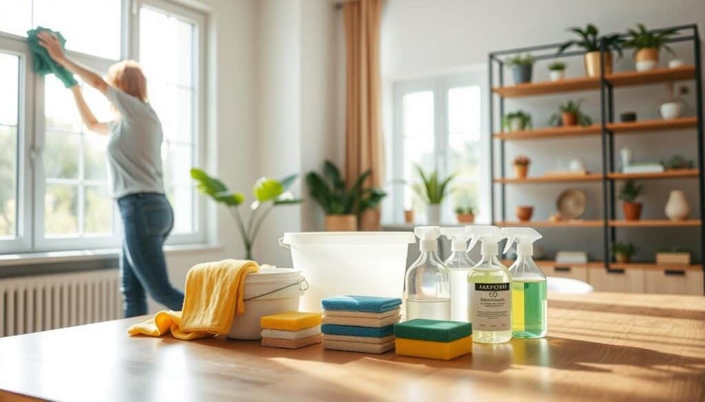 A bright, airy home interior with sunlight streaming through large windows. In the foreground, a person in casual attire is wiping down a window sill with a microfiber cloth, showcasing seasonal cleaning techniques. In the middle ground, various cleaning supplies are neatly arranged on a wooden table, including a bucket, sponges, and natural cleaning solutions. The background features shelves with potted plants and decorative accents, creating a tranquil, refreshing atmosphere. The lighting is soft and diffused, highlighting the cleanliness and order of the space. The overall scene conveys a sense of productivity, organization, and a commitment to maintaining a well-kept, healthy home environment.