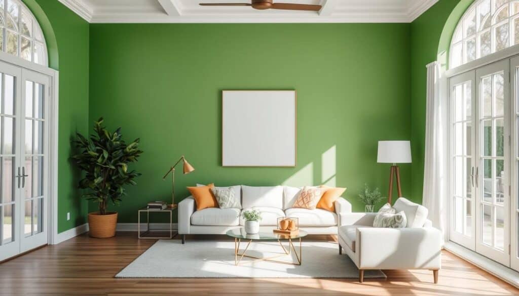 A bright, airy living room with a vibrant green wall showcasing three distinct paint finishes: a lustrous satin, a matte eggshell, and a semi-gloss. The finishes are presented side-by-side, allowing for a clear comparison of their unique textures and reflective properties under natural light streaming through large windows. The room is tastefully furnished with minimalist decor, creating a calming, contemporary atmosphere that highlights the nuances of the green paint. The camera captures the scene from a slightly elevated angle, providing an immersive view that invites the viewer to envision how these finishes would look in their own living space.