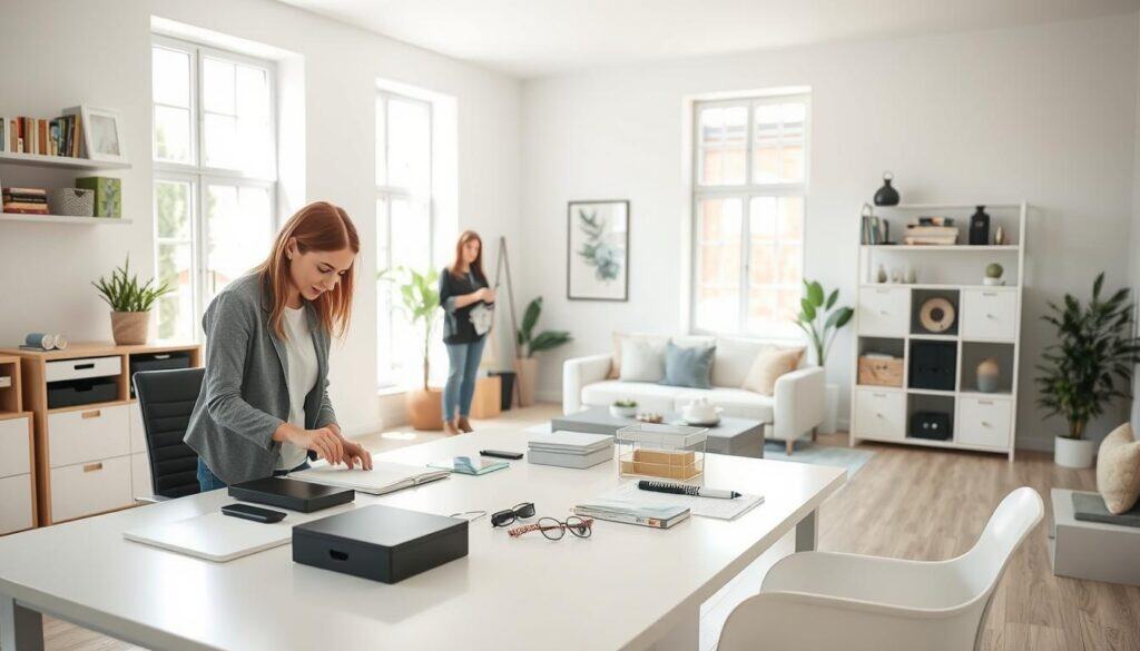 A bright, airy room with natural light streaming through large windows. In the foreground, a professional organizer meticulously arranges items on a clean, minimalist desk, demonstrating decluttering techniques. On the walls, stylized organizational systems and storage solutions are displayed. In the middle ground, a person in casual attire observes the process, taking notes. The background features a tranquil, uncluttered living space with carefully curated decor, exuding a sense of serenity and order. The scene conveys a harmonious balance between functionality and aesthetics, inspiring viewers to adopt effective decluttering strategies.