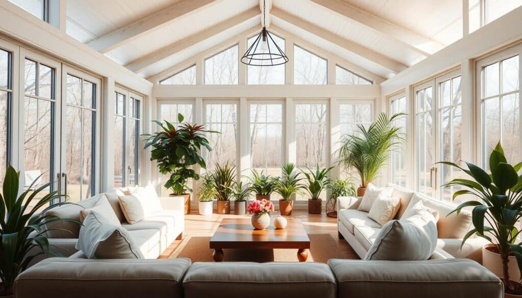 A bright, airy sunroom with a harmonious blend of natural elements and contemporary design. In the foreground, a cozy conversation area featuring plush, neutral-toned furniture arranged around a sleek, minimalist coffee table. The middle ground showcases a mix of potted plants and floor-to-ceiling windows, allowing ample natural light to flood the space. In the background, a mix of traditional and modern architectural details, such as exposed beams and a stylish pendant light, create a balanced and visually appealing ambiance. The overall scene conveys a sense of tranquility and relaxation, perfectly capturing the essence of a beautiful sunroom design.