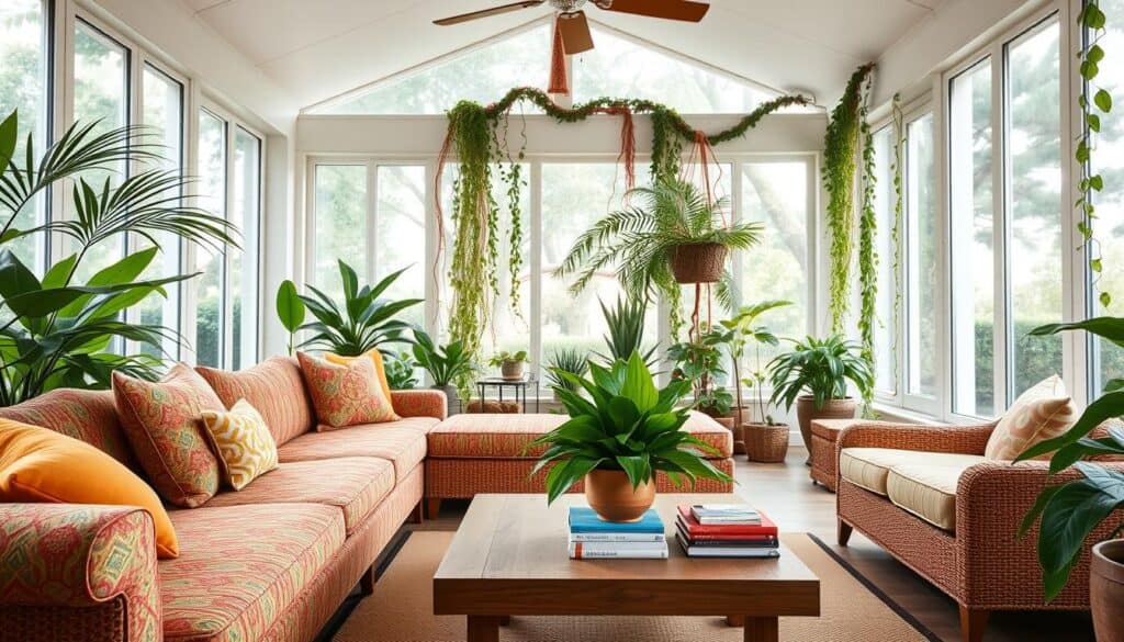 A bright and airy sunroom with a cozy seating arrangement. In the foreground, a plush, L-shaped sectional sofa in a vibrant, patterned fabric. Colorful accent pillows in complementary hues dot the seats. In the middle ground, a low, wooden coffee table is adorned with a lush, potted plant and a stack of artfully arranged books. The walls are lined with large, floor-to-ceiling windows, allowing natural light to flood the space. The background features a mix of tropical plants and trailing vines, creating a lush, verdant oasis. Soft, diffused lighting casts a warm, inviting glow throughout the room. The overall atmosphere is one of relaxation, comfort, and a harmonious blend of color and natural elements.