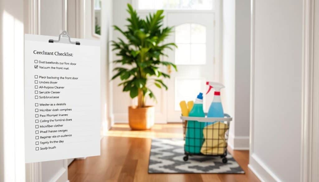 A bright, well-lit hallway with a sleek, minimalist design. In the foreground, a detailed checklist hovers, its pages filled with tasks for deep cleaning the entryway - dusting baseboards, polishing the front door, vacuuming the welcome mat. The middle ground features a neatly organized cleaning caddy, complete with microfiber cloths, all-purpose cleaner, and a scrub brush. In the background, a lush indoor plant and a modern, geometric-patterned runner on the hardwood floor create a sense of balance and order. The scene conveys a fresh, organized atmosphere, ready for a thorough, efficient deep cleaning session.