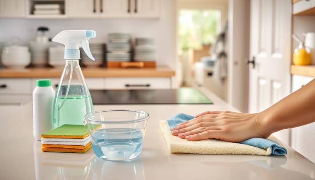 A bright, well-lit kitchen counter, with various cleaning supplies neatly arranged - a spray bottle, a sponge, a microfiber cloth, and a small bucket of soapy water. In the foreground, a person's hands diligently wiping down the surface, ensuring a spotless finish. In the background, a stack of dishes waiting to be cleaned, and a tidy kitchen visible through an open doorway, conveying a sense of order and efficiency. The scene exudes a calming, organized atmosphere, capturing the essence of daily cleaning techniques for busy households.