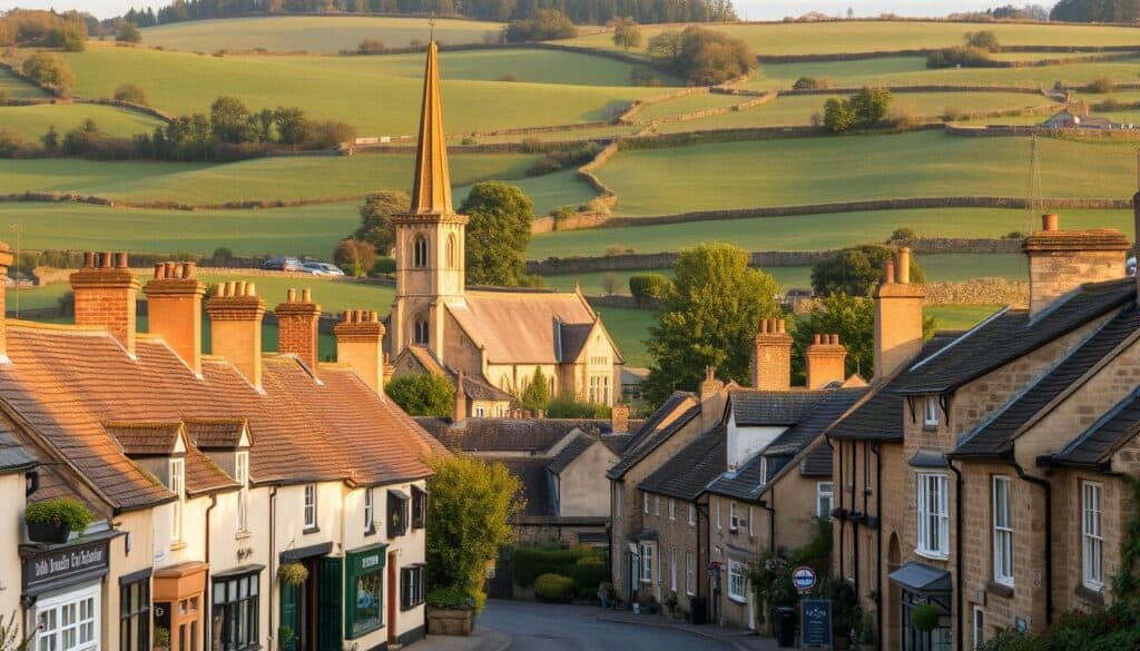 A charming Cotswolds town nestled in the rolling hills, Moreton-in-Marsh showcases picturesque stone cottages and historic buildings bathed in warm, golden-hour light. In the foreground, a quaint high street lined with local shops and cafes invites exploration. In the middle ground, a traditional stone church with a tall steeple stands proudly, surrounded by lush greenery. The background features undulating countryside dotted with stone walls and hedgerows, creating a tranquil, quintessentially English scene. Capture the town's timeless allure with a wide-angle lens to showcase its architectural details and pastoral setting, evoking a sense of peaceful seclusion and old-world charm.