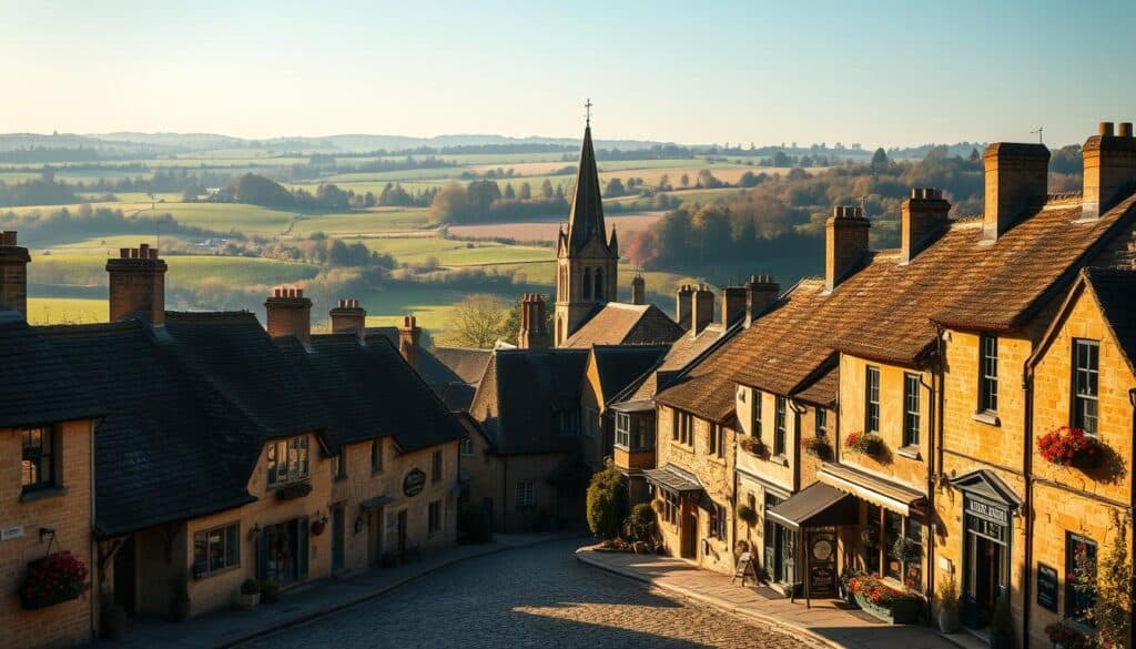 A charming Cotswolds village nestled in rolling hills, bathed in warm golden light. In the foreground, cobblestone streets lined with honey-colored stone cottages, their thatched roofs gently weathered. Quaint shops and pubs beckon, their colorful flower boxes and hanging baskets adding bursts of vibrant color. In the middle ground, a historic church steeple rises, its bell tower casting long shadows across the peaceful scene. The background is painted with undulating meadows and distant woodlands, a patchwork of verdant greens and autumnal hues. An idyllic rural landscape, inviting the viewer to wander, explore, and experience the timeless beauty of the Cotswolds.