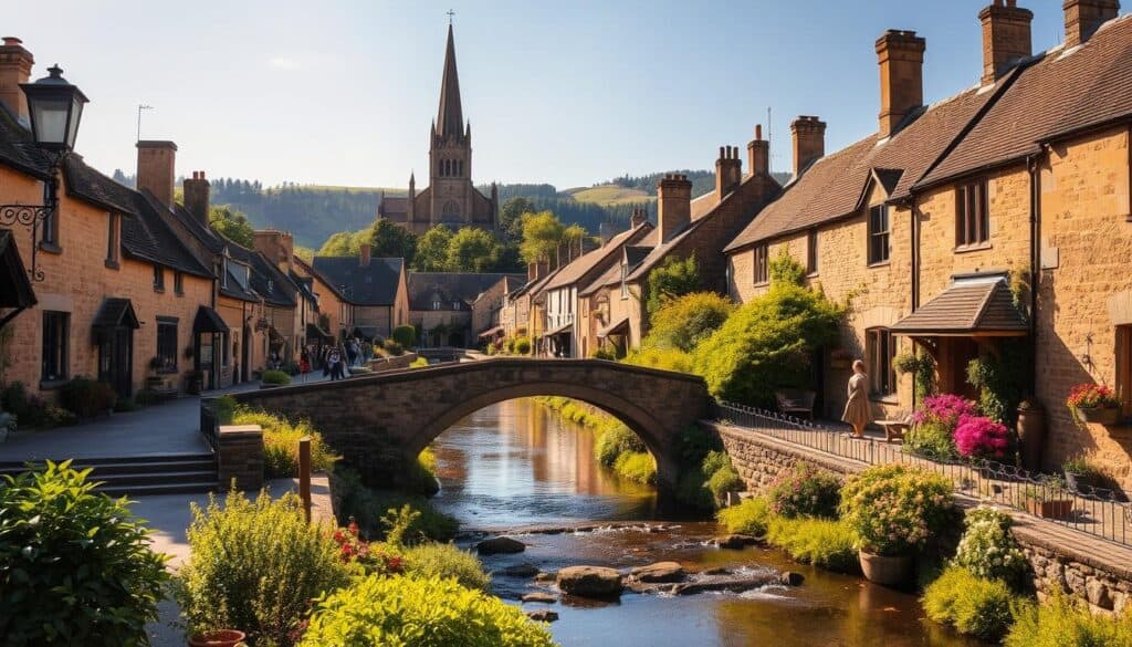 A charming Cotswolds village scene, with sun-drenched stone cottages lining a gently flowing stream. In the foreground, a quaint stone bridge arches over the water, surrounded by lush foliage and colorful flower beds. Pedestrians stroll along the picturesque footpaths, taking in the tranquil atmosphere. In the middle ground, the steeple of a historic church rises above the rooftops, casting long shadows across the scene. The background features rolling hills dotted with verdant trees, creating a serene, pastoral landscape. Soft, warm lighting bathes the entire tableau, evoking a sense of timeless, quintessential English countryside beauty.