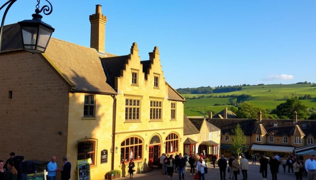 A charming historic market house stands proudly in the quaint Cotswolds town of Tetbury. The honey-colored stone facade is bathed in warm afternoon light, casting soft shadows across the ornate architectural details. Clusters of locals and tourists mingle around the central marketplace, admiring the well-preserved 17th-century structure. Wrought-iron lanterns hang from the eaves, hinting at the town's timeless character. In the background, the rolling green hills of the Cotswolds countryside stretch out, providing a picturesque natural backdrop to this quintessential English scene.