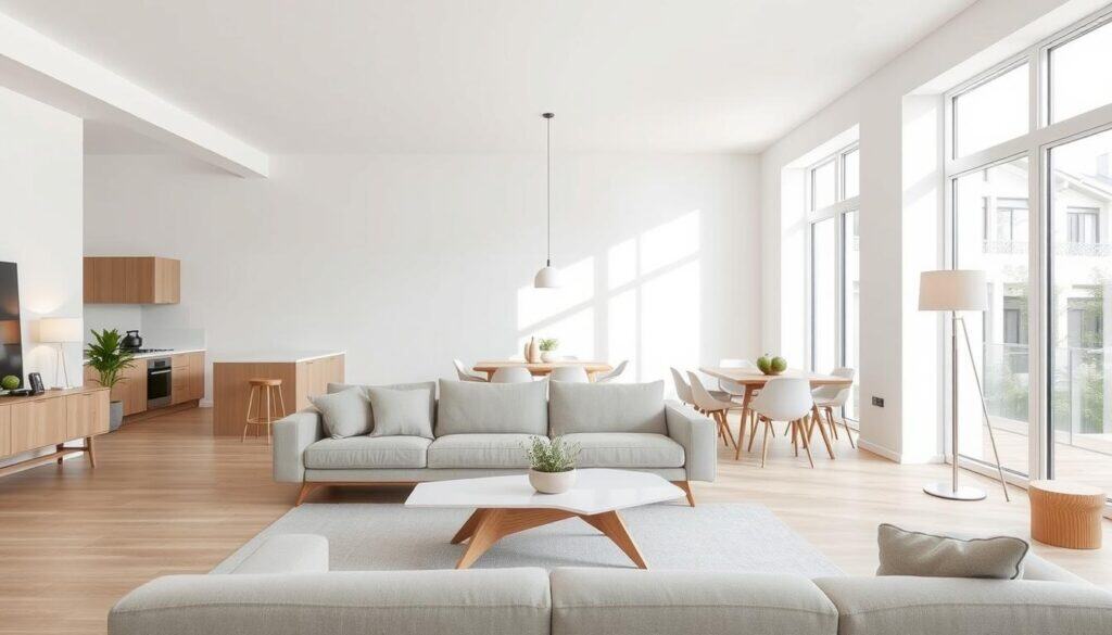 A contemporary open-concept living space with a minimalist, Scandinavian-inspired design. Bright and airy, with large windows allowing natural light to flood the room. A neutral color palette of whites, grays, and natural wood tones creates a calming, serene atmosphere. Mid-century modern furniture, including a plush sectional sofa and sleek, angular coffee table, occupy the foreground. In the middle ground, a modern dining table with minimalist chairs seamlessly blends the living and dining areas. The background features a subtle geometric accent wall, adding visual interest without overpowering the space. Soft, diffused lighting from pendant fixtures and floor lamps creates a warm, inviting glow throughout the room. A contemporary open-concept living space with a minimalist, Scandinavian-inspired design. Bright and airy, with large windows allowing natural light to flood the room. A neutral color palette of whites, grays, and natural wood tones creates a calming, serene atmosphere. Mid-century modern furniture, including a plush sectional sofa and sleek, angular coffee table, occupy the foreground. In the middle ground, a modern dining table with minimalist chairs seamlessly blends the living and dining areas. The background features a subtle geometric accent wall, adding visual interest without overpowering the space. Soft, diffused lighting from pendant fixtures and floor lamps creates a warm, inviting glow throughout the room.