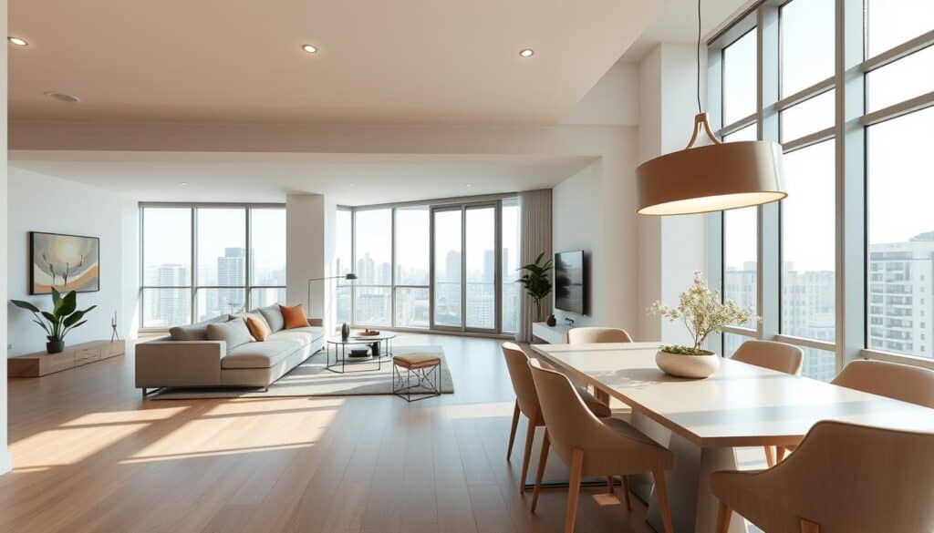 A contemporary urban condo with an open-concept living and dining area. The spacious layout features floor-to-ceiling windows that flood the room with natural light, creating a bright and airy ambiance. Minimalist furniture in neutral tones, such as a plush sectional sofa and a sleek dining table, are arranged to optimize the flow of the space. Subtle pops of color in the accessories and artwork add visual interest. Warm, diffused lighting from recessed fixtures and a statement pendant lamp over the dining area set a cozy, inviting mood. The condo's clean lines, understated elegance, and seamless integration of living and dining zones embody a successful modern design. A contemporary urban condo with an open-concept living and dining area. The spacious layout features floor-to-ceiling windows that flood the room with natural light, creating a bright and airy ambiance. Minimalist furniture in neutral tones, such as a plush sectional sofa and a sleek dining table, are arranged to optimize the flow of the space. Subtle pops of color in the accessories and artwork add visual interest. Warm, diffused lighting from recessed fixtures and a statement pendant lamp over the dining area set a cozy, inviting mood. The condo's clean lines, understated elegance, and seamless integration of living and dining zones embody a successful modern design.