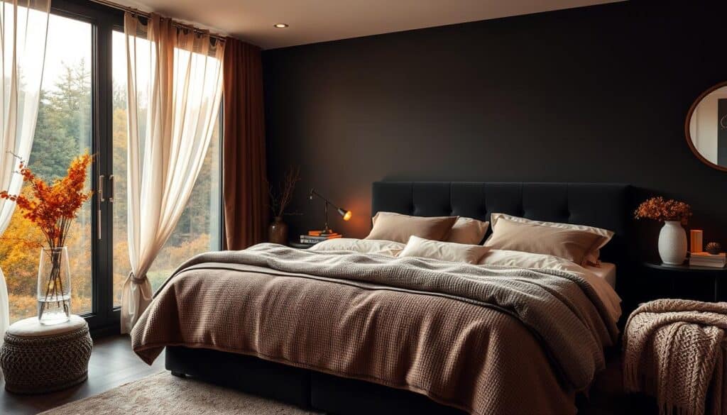 A cozy black bedroom in an autumn setting, with warm lighting casting a soft glow. A large, plush bed with layers of textured bedding in earthy tones dominates the foreground. Sheer curtains sway gently, framing a scenic window overlooking a lush, wooded landscape. Subtle seasonal touches, such as a vase of fall foliage and a knit throw, adorn side tables and accent pieces. The atmosphere is one of tranquility and coziness, inviting the viewer to imagine the perfect space for relaxation during the changing seasons.