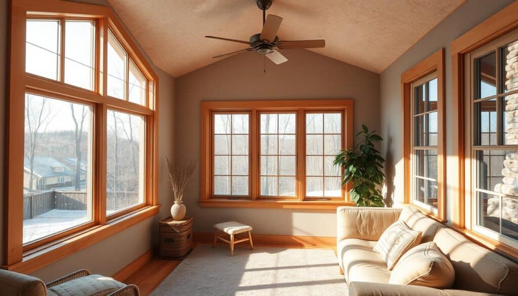 A cozy, energy-efficient four-season room with proper insulation and large, sun-filled windows. The room has a warm, inviting atmosphere, with soft, natural lighting flooding the space. The walls are adorned with a neutral, earthy color palette, complementing the wooden accents and furnishings. Strategically placed insulation ensures the room maintains a comfortable temperature year-round, reducing energy consumption. A plush, comfortable seating area invites relaxation, while a minimalist, efficient ceiling fan aids in air circulation. The overall design seamlessly blends functionality and aesthetic appeal, creating a harmonious and sustainable living space.
