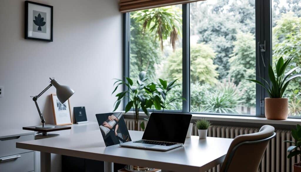 A cozy, well-organized home office with a minimalist desk, sleek laptop, and a few carefully placed decorative elements. The lighting is soft and diffused, creating a calming atmosphere. In the background, a large window overlooking a lush, verdant garden, hinting at a harmonious balance between work and relaxation. The scene conveys a sense of efficiency, focus, and a lifestyle adapted to maximizing productivity and well-being.