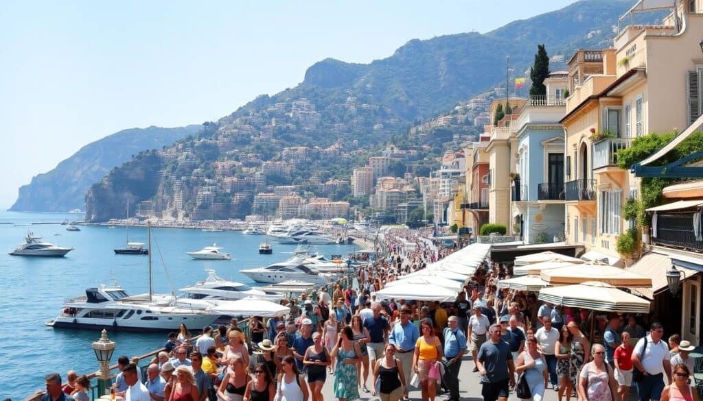 A crowded sun-drenched promenade along the Amalfi Coast, packed with tourists during the peak summer months. In the foreground, throngs of people stroll leisurely, admiring the pastel-colored buildings and wrought-iron balconies that line the narrow streets. Umbrellas and café tables spill out onto the sidewalk, creating a lively, bustling atmosphere. In the middle ground, boats and yachts bob in the crystal-clear azure waters, while the iconic cliffs and terraced vineyards rise up in the background, hazy under the warm Mediterranean sun. The scene is infused with the energy and vibrancy of the high tourist season, with a sense of languid, carefree summer days.