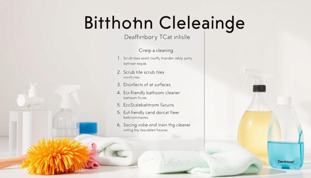 A detailed bathroom cleaning guide displayed on a minimalist white background. In the foreground, various cleaning tools and products are neatly arranged, including a scrub brush, sponge, microfiber cloth, and eco-friendly bathroom cleaners. The middle ground showcases a step-by-step list of deep cleaning tasks, such as scrubbing tiles, disinfecting surfaces, and descaling fixtures. In the background, a soft, natural lighting creates a serene, calming atmosphere, emphasizing the importance of a thorough, yet thoughtful approach to bathroom maintenance. The overall composition conveys a sense of organization, efficiency, and a commitment to a spotless, healthier bathroom environment.