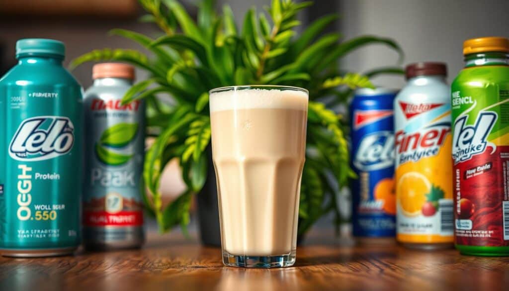 A glass of creamy protein shake on a wooden table, surrounded by a selection of vibrant energy drinks in various flavors and colors. The shake is frothy and tempting, casting a soft, warm glow from the gentle overhead lighting. In the background, a lush, green plant adds a touch of natural energy and vitality. The scene is captured with a shallow depth of field, focusing the viewer's attention on the central protein shake, while the energy drinks in the foreground and background provide a sense of balance and variety. The overall mood is one of refreshment, nourishment, and a boost of morning energy.