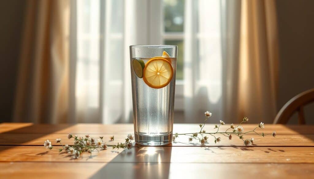 A glass of crystal-clear water rests on a wooden table, catching the soft morning light. In the foreground, a handful of fresh citrus slices, like lemon and lime, float atop the water, infusing it with a subtle, refreshing aroma. The tabletop is adorned with delicate wildflowers, adding a touch of natural beauty to the scene. The background is a serene, sun-dappled room, with gentle curtains billowing in the breeze, creating a sense of tranquility and wellness. The overall mood is one of mindful hydration, a simple yet powerful ritual to kickstart the day and optimize hormone balance.