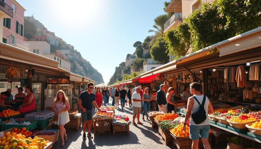 A lively outdoor market in the heart of Positano, bustling with locals and tourists alike. Vibrant stalls display an array of fresh produce, artisanal crafts, and unique souvenirs. The sun casts a warm glow, casting long shadows across the cobblestone walkways. Vendors enthusiastically showcase their wares, inviting passersby to browse and bargain. In the distance, the iconic cliffside homes and lush, terraced gardens provide a picturesque backdrop. The air is filled with the scent of citrus, herbs, and the salty sea breeze. A sense of energy and discovery permeates the scene, capturing the essence of the local shopping experience in this charming Amalfi Coast town.