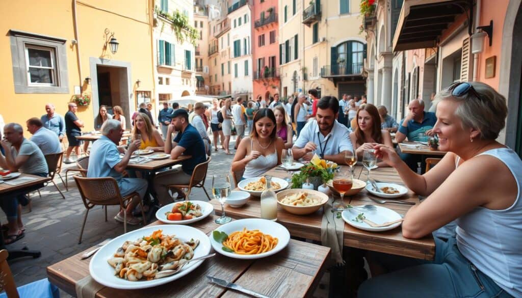 A lively outdoor trattoria in Positano's historic center, with patrons savoring simple yet flavorful local dishes at rustic wooden tables on a sun-dappled piazza. In the foreground, a spread of fresh seafood, homemade pasta, and seasonal produce beckons. In the middle ground, friendly locals and tourists mingle, their faces aglow in the warm Mediterranean light. The background features the iconic pastel-hued buildings and winding alleys that define Positano's charming seaside ambiance, all captured through a wide-angle lens that conveys a sense of intimate community and authentic Italian dolce vita.