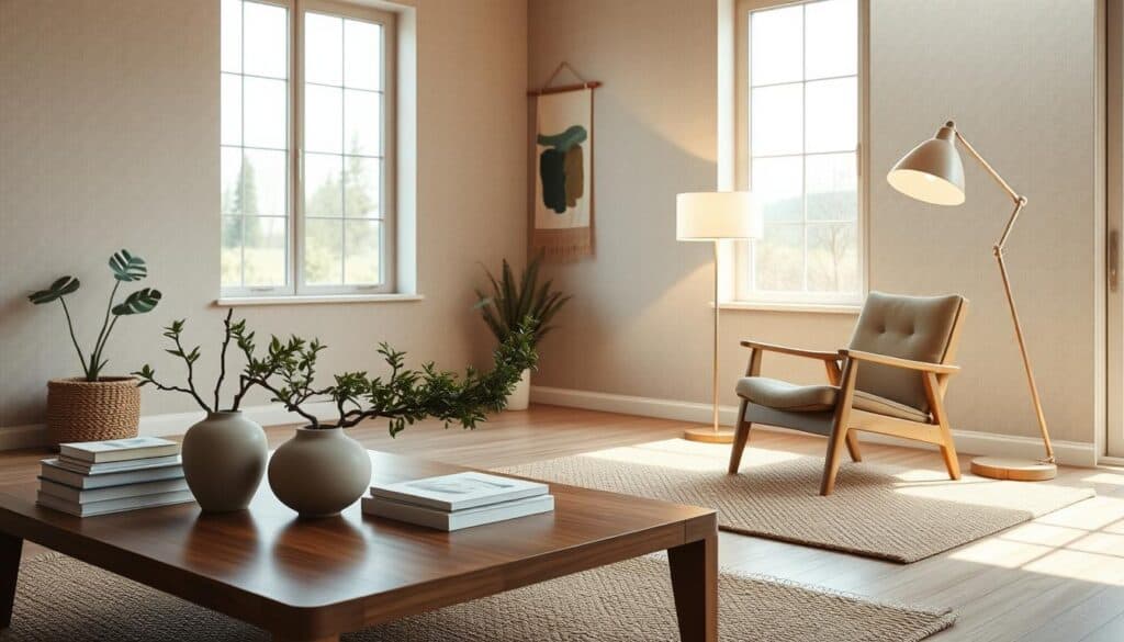 A minimalist Japandi-style living room showcases a collection of thoughtfully curated accessories that enhance the serene, natural ambiance. In the foreground, a low wooden coffee table displays a bonsai plant, a ceramic vase, and a stack of art books. Across the room, a mid-century modern armchair sits atop a woven area rug, complemented by a sleek, angular floor lamp casting a warm, diffused glow. The walls feature subtle earth-toned wallpaper, punctuated by a single abstract wall hanging. Large windows allow natural light to flood the space, creating a tranquil, zen-like atmosphere that celebrates the harmony between Japanese and Scandinavian design principles.