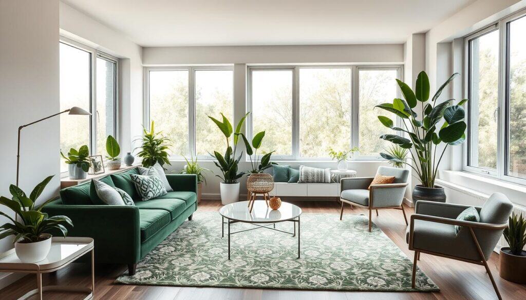 A modern living room with a harmonious blend of versatile green tones. The space is flooded with natural light, accentuating the lush, verdant hues of the plush velvet sofa, the patterned area rug, and the vibrant houseplants strategically placed throughout. Sleek, minimalist furniture in shades of gray and white create a stylish, contemporary contrast, while the large windows offer a seamless connection to the outdoors. Soft, diffused lighting casts a warm, inviting glow, setting the mood for a cozy yet sophisticated atmosphere. The overall design exudes a sense of balance, elegance, and a touch of nature-inspired tranquility.