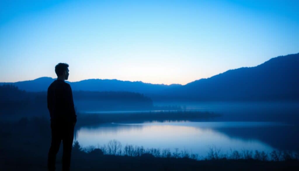 A morning landscape bathed in a soft, blue-hued glow, representing the impact of blue light on hormone balance. In the foreground, a person's silhouette stands tranquilly, surrounded by a subtle mist. The middle ground features a serene lake, its surface reflecting the cool, azure tones of the sky. In the background, distant mountains rise, their peaks shrouded in a hazy, ethereal veil. The overall atmosphere conveys a sense of calm and introspection, inviting the viewer to consider the delicate balance of natural rhythms and the effects of modern technology on our well-being.
