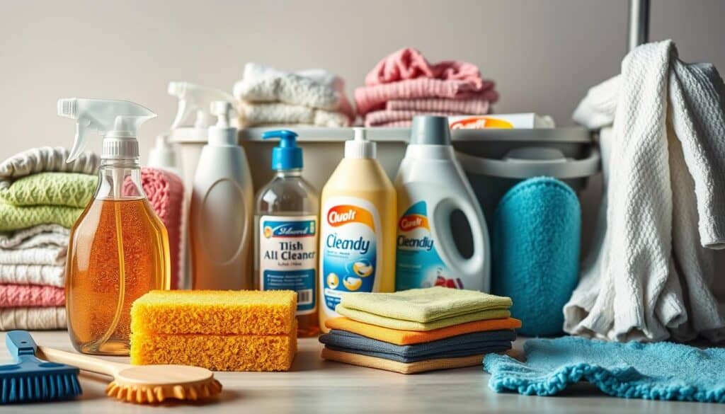 A neatly arranged still life composition showcasing an assortment of essential cleaning supplies and solutions. In the foreground, a selection of basic tools such as a scrub brush, sponges, and a spray bottle filled with a cleaning solution. In the middle ground, bottles of all-purpose cleaner, dish soap, and laundry detergent stand prominently. The background features a variety of microfiber cloths, mop heads, and a bucket, all bathed in soft, diffused lighting that highlights the textures and colors of the items. The overall scene conveys a sense of order, efficiency, and the promise of a spotless home.