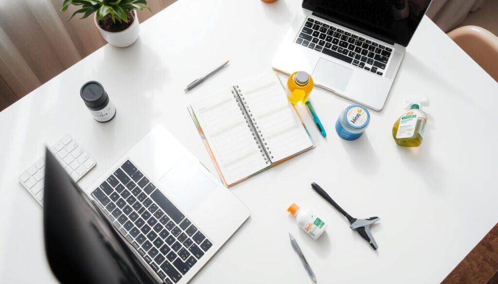 A neatly organized desk with a laptop, a planner, and various cleaning supplies arranged in a visually appealing manner. Bright, natural lighting illuminates the scene, creating a sense of clarity and focus. The layout suggests a well-planned, efficient approach to preparing for a deep cleaning session. Subtle textures and muted colors contribute to a calming, professional atmosphere. The angle showcases the desk from a slightly elevated perspective, providing a comprehensive view of the preparation process.