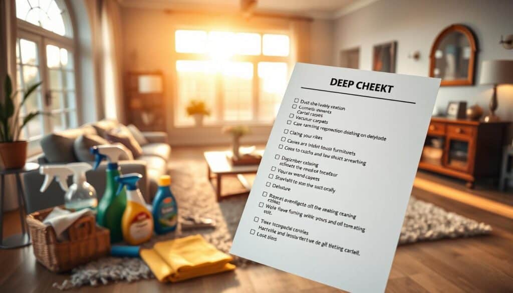 A neatly organized living room, bathed in warm, natural light streaming through large windows. In the foreground, a detailed checklist floats, its pages showcasing a meticulous step-by-step guide for deep cleaning - dusting shelves, vacuuming plush carpets, polishing wooden furniture. In the middle ground, various cleaning supplies and tools are arranged, from microfiber cloths to glass cleaner. The background reveals a spotless, well-maintained space, with tasteful decor and furnishings. The overall mood is one of order, efficiency, and a sense of accomplishment in achieving a truly deep clean.