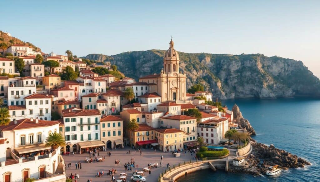 A picturesque Amalfi Coast town nestled along the azure waters of the Mediterranean, with whitewashed buildings cascading down the hillside, their terracotta roofs bathed in warm, golden sunlight. In the foreground, a charming piazza is filled with outdoor cafes and locals mingling, while in the middle ground, a historic cathedral stands tall, its ornate façade a testament to the town's rich cultural heritage. The background features the dramatic cliffs and rocky coastline, framed by swaying palm trees and lush, fragrant gardens. The scene exudes a sense of timeless, Mediterranean elegance and tranquility, inviting the viewer to imagine the perfect Amalfi Coast accommodations amidst this captivating landscape.