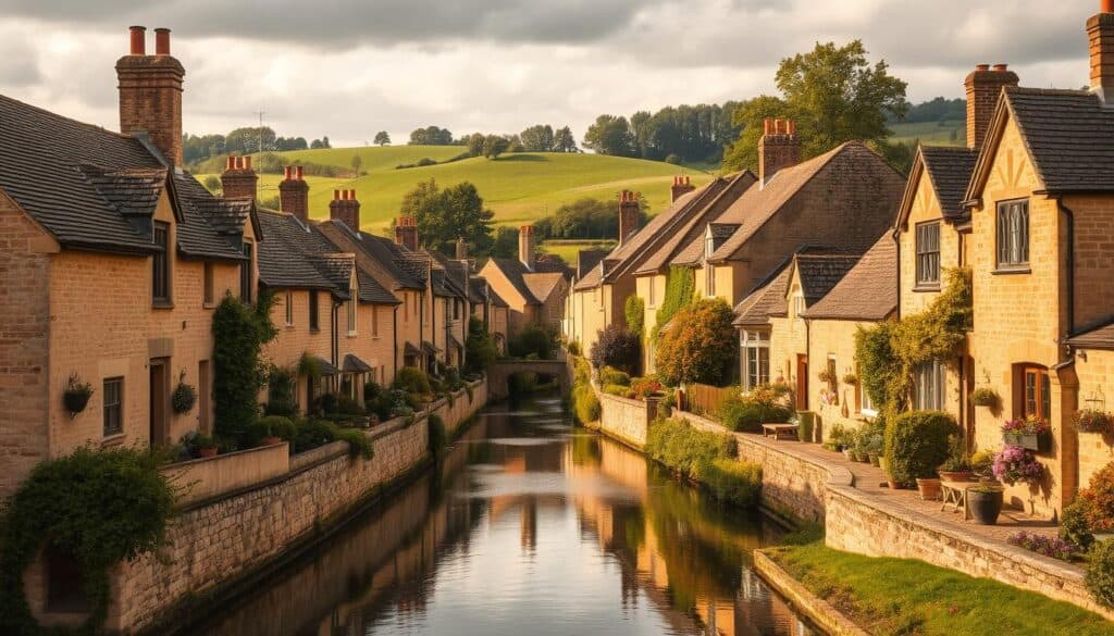 A picturesque Cotswolds village nestled along the River Coln, Bibury's iconic Arlington Row showcases a stunning collection of 17th-century stone cottages bathed in warm, golden light. Capture the quaint, historic charm of this scene, with the honey-colored homes lining the narrow lane and their charming, flower-adorned gardens spilling out onto the riverbank. Reflect the tranquil, idyllic atmosphere of this quintessential Cotswolds town, framed by the rolling green hills and verdant trees in the background. Render this scene with a soft, nostalgic lens, accentuating the timeless elegance and serene, pastoral beauty of Bibury's famous Arlington Row.