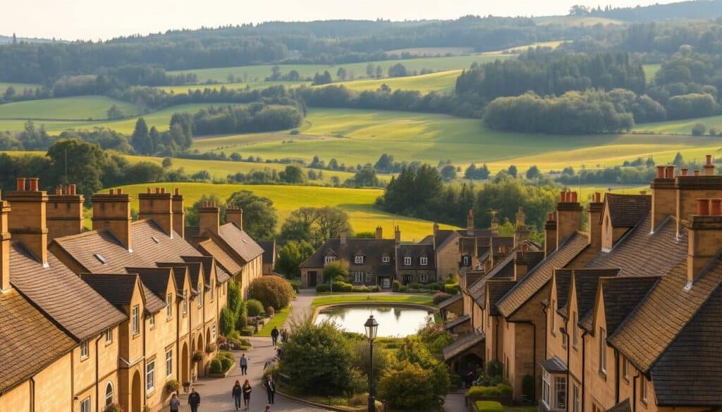 A picturesque Cotswolds village nestled in the rolling hills, bathed in warm golden light. In the foreground, honey-colored stone buildings with thatched roofs and ornate chimneys line the quaint streets. Pedestrians stroll leisurely, admiring the charming architecture. In the middle ground, a village green with a tranquil pond reflects the surrounding buildings. Beyond, lush green meadows and dense woodlands form the serene countryside backdrop. The scene exudes a timeless, quintessentially English atmosphere, inviting the viewer to explore the enchanting Cotswolds region.