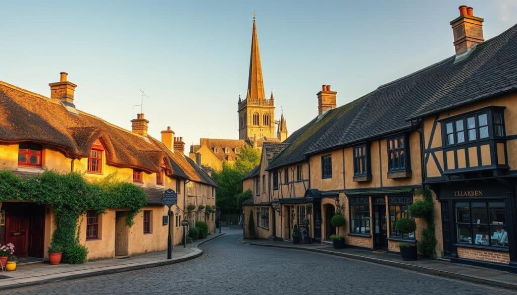 A picturesque scene of historic architecture in the charming Cotswolds town of Chipping Campden. The foreground features a row of quaint stone cottages with thatched roofs, their honey-colored walls bathed in warm, golden light. In the middle ground, a cobblestone street winds through the town, lined with traditional shops and inns, their façades adorned with intricate architectural details. In the background, the steeple of the 14th-century St. James' Church rises majestically, its spire casting a long shadow across the tranquil scene. The image conveys a sense of timeless elegance and the enduring charm of this quintessential Cotswolds destination.