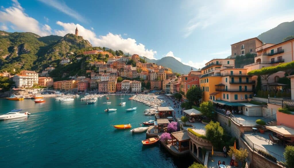 A picturesque scene of the Amalfi Coast's charming coastal towns, Maiori and Minori, nestled along the serene azure waters. Colorful Mediterranean-style vacation rentals dot the hillsides, their pastel facades mirrored in the tranquil sea. Fishing boats sway gently in the harbor, while lush terraced gardens and olive groves cascade down the rugged cliffs. Warm, golden sunlight filters through wispy clouds, casting a soft, romantic glow over the quaint, pedestrian-friendly promenades. Café-lined piazzas invite visitors to soak in the authentic, laidback vibe of these twin coastal gems. A breathtaking panorama that captures the essence of an Amalfi Coast getaway.