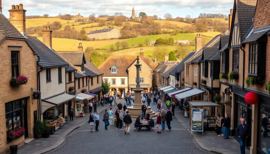 A quaint Cotswolds town square on a sunny day, the historic Stow-on-the-Wold Market Square bustles with activity. In the foreground, cobblestone paths wind between rows of charming stone buildings and timber-framed shops, their facades adorned with colorful flower boxes and hanging baskets. In the middle ground, a central market cross stands tall, surrounded by a mix of locals and visitors browsing the stalls of a traditional outdoor market, their lively chatter and the clatter of wares filling the air. In the background, the rolling Cotswold hills provide a picturesque natural backdrop, their gentle slopes dotted with ancient trees. The scene is bathed in warm, golden light, evoking a timeless, quintessentially English atmosphere.