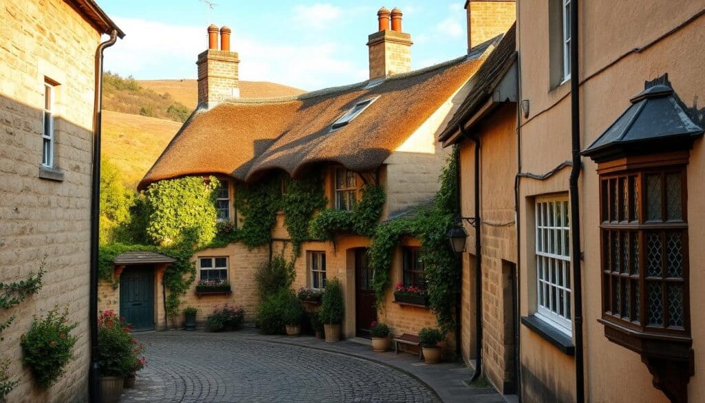 A quaint stone cottage nestled among rolling hills, its honey-colored facade and thatched roof bathed in warm afternoon light. Ivy-covered walls and flower boxes adorn the façade, creating a picturesque scene. The narrow cobblestone street leading to the cottage is flanked by other historic buildings, their charming architectural details - like decorative chimneys and leaded windows - on full display. The overall mood is one of tranquil, timeless beauty, capturing the essence of Winchcombe's historic charm.