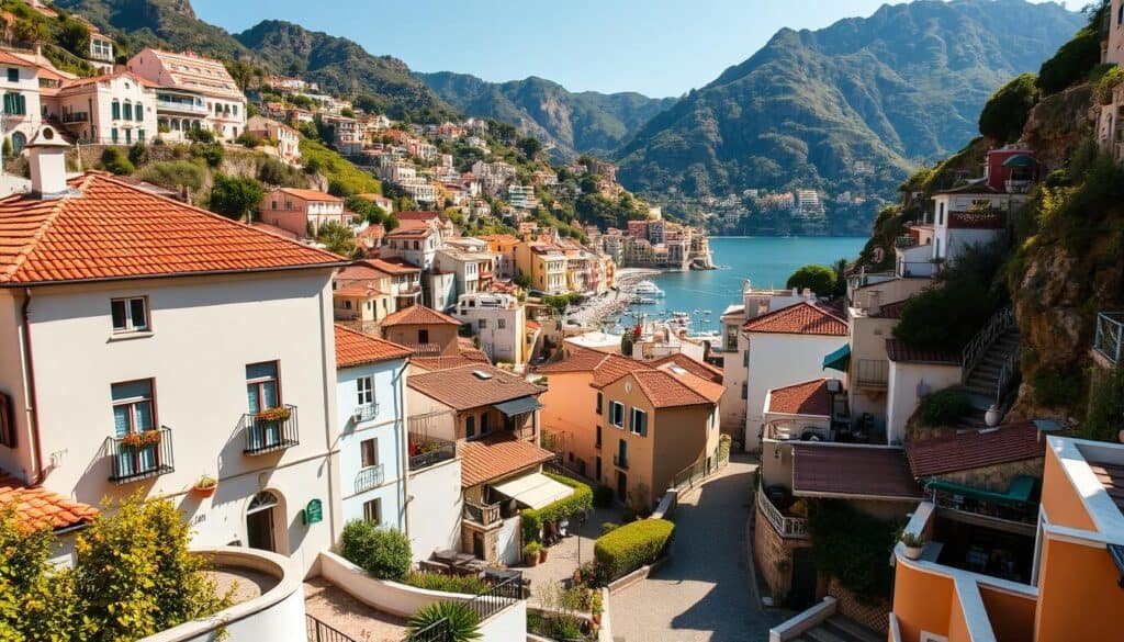 A scenic view of Positano's charming hillside houses, nestled between the vibrant Mediterranean Sea and the lush, rolling mountains. The foreground showcases a quaint, affordable hotel or villa, its white-washed walls and terracotta roof tiles blending seamlessly with the surrounding architecture. In the middle ground, narrow cobblestone streets wind through the picturesque town, lined with small shops and cafes. The background features the iconic Positano cliffs, their pastel-colored buildings cascading down to the sparkling, azure waters. The scene is bathed in warm, golden afternoon light, creating a welcoming, serene atmosphere that invites the viewer to imagine a budget-friendly, yet breathtaking, Positano getaway.