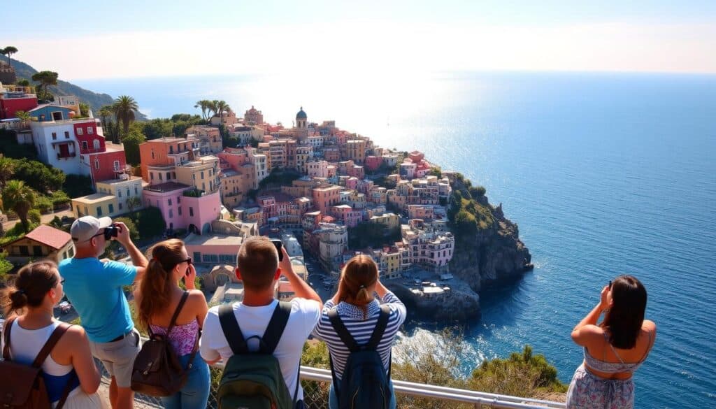 A scenic viewpoint overlooking the colorful town of Positano, nestled along the picturesque Amalfi Coast. In the foreground, a group of budget travelers admire the stunning vistas, capturing the moment with their cameras. The middle ground features the iconic pastel-hued buildings and winding streets of Positano, cascading down the hillside. In the background, the deep blue waters of the Tyrrhenian Sea glisten under the warm, golden Mediterranean sun. The scene exudes a sense of tranquility and relaxation, inviting the viewer to immerse themselves in the beauty of this budget-friendly travel destination.