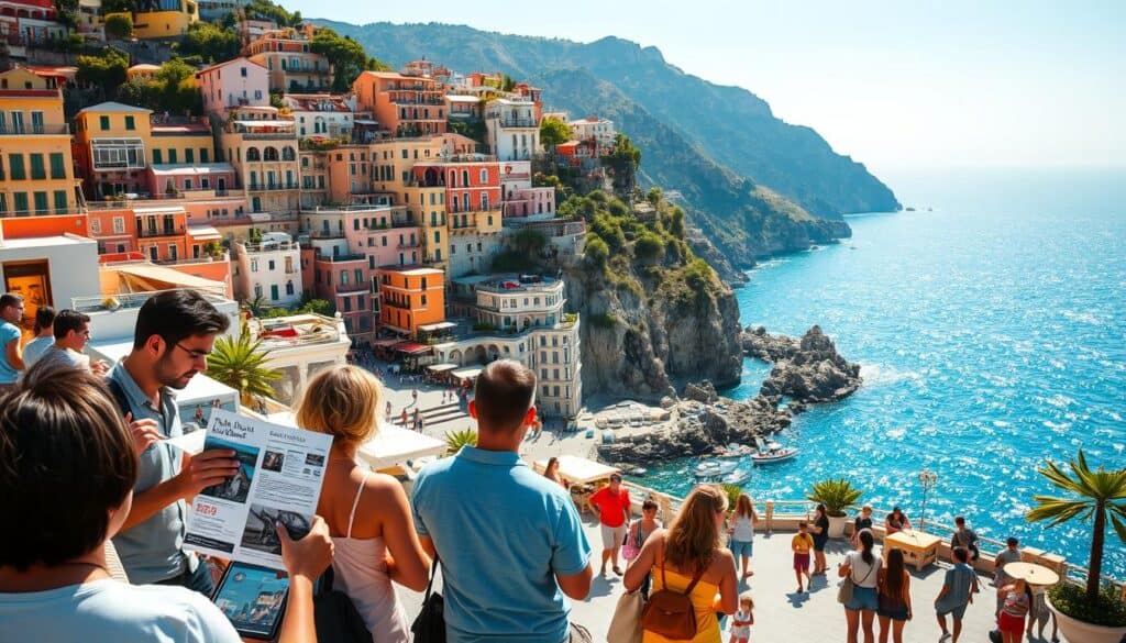 A scenic vista of Positano's picturesque coastline, with its vibrant pastel-colored buildings cascading down the hillside. In the foreground, a group of tourists pore over discount travel brochures, searching for the best deals on hotels, restaurants, and activities. The mid-ground features a busy piazza, where local vendors hawk their wares, offering discounts and promotions to passersby. In the background, the sparkling azure waters of the Tyrrhenian Sea stretch out, framed by rugged cliffs and lush, terraced gardens. Warm, golden sunlight bathes the scene, creating a sense of relaxation and opportunity for budget-conscious travelers to experience the beauty of this Italian seaside paradise.