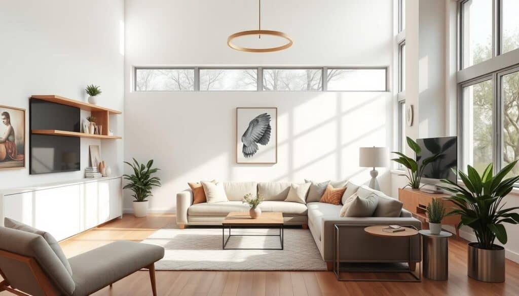A serene and harmonious open-concept living area, flooded with natural light from large windows. A plush sectional sofa in a neutral tone anchors the space, accented by cozy throw pillows and a stylish area rug. Minimalist, floating shelves display personal mementos and artwork, tailored to the homeowner's unique style. Sleek, modern furniture in natural wood tones and brushed metal complement the airy, minimalist aesthetic. Lush, potted plants add pops of verdant greenery, while a modern, pendant light fixture casts a warm, ambient glow over the entire space. The overall mood is one of tranquility, comfort, and personalized sophistication. A serene and harmonious open-concept living area, flooded with natural light from large windows. A plush sectional sofa in a neutral tone anchors the space, accented by cozy throw pillows and a stylish area rug. Minimalist, floating shelves display personal mementos and artwork, tailored to the homeowner's unique style. Sleek, modern furniture in natural wood tones and brushed metal complement the airy, minimalist aesthetic. Lush, potted plants add pops of verdant greenery, while a modern, pendant light fixture casts a warm, ambient glow over the entire space. The overall mood is one of tranquility, comfort, and personalized sophistication.