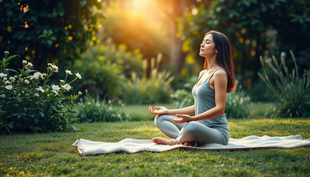 A serene morning scene of a person practicing mindfulness in a tranquil garden. The foreground features a person sitting cross-legged on a plush yoga mat, eyes closed, hands resting gently on their lap, exuding a sense of inner peace and focus. The middle ground showcases lush, verdant foliage with delicate flowers blooming, suggesting a harmonious connection with nature. The background depicts a soft, warm, and diffused lighting, creating a calming, golden-hour ambiance. The overall composition evokes a sense of balance, introspection, and a holistic approach to hormone regulation through mindful practices.