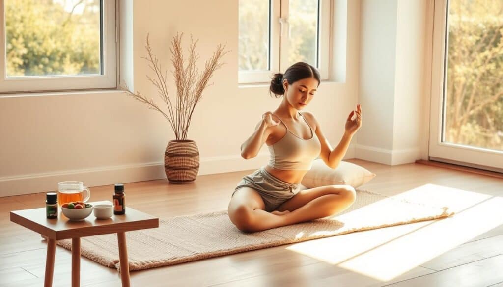 A serene morning scene with a woman practicing gentle yoga poses on a plush, earth-toned mat. Sunlight filters through large windows, casting a warm, golden glow across the minimalist, Scandinavian-inspired room. On a wooden side table, a cup of herbal tea and a small bowl of fresh fruit sit alongside a set of essential oils, a meditation cushion, and a journal. The woman's movements are graceful and intentional, her expression peaceful and focused, reflecting the harmony between mind and body. The overall atmosphere evokes a sense of balance, renewal, and mindfulness - the perfect start to a hormonally-balanced day.