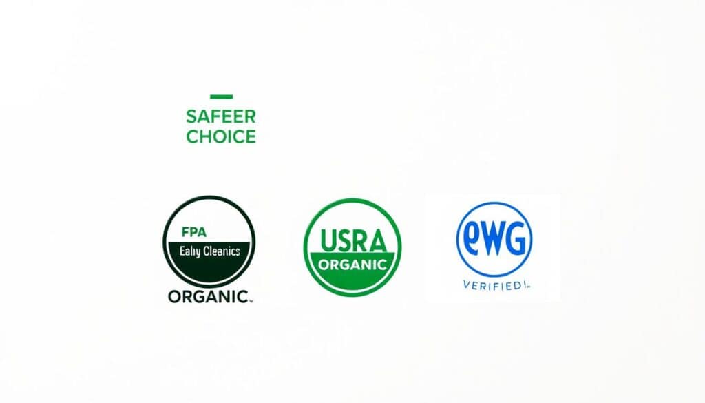 A sleek, modern arrangement of various green cleaning product certifications, including the EPA Safer Choice logo, USDA Organic seal, and EWG Verified mark. The certifications are displayed on a clean, minimalist background with soft, diffused lighting, creating a sense of transparency and purity. The composition is balanced, with the certifications strategically placed to guide the viewer's eye. The overall impression conveys the reliability and trustworthiness of these eco-friendly cleaning supplies, reinforcing the "green" theme of the article.