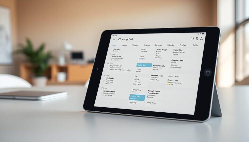 A sleek, modern calendar app interface displayed on a tablet device, resting on a minimalist, light-colored desk. The app showcases various cleaning task reminders, schedules, and checklists, with intuitive icons and a clean, user-friendly design. In the background, a blurred, warm-toned office setting with a large window, letting in natural light that creates a soft, ambient glow. The overall atmosphere conveys a sense of efficiency, organization, and a seamless integration of technology into a thoughtful cleaning routine.