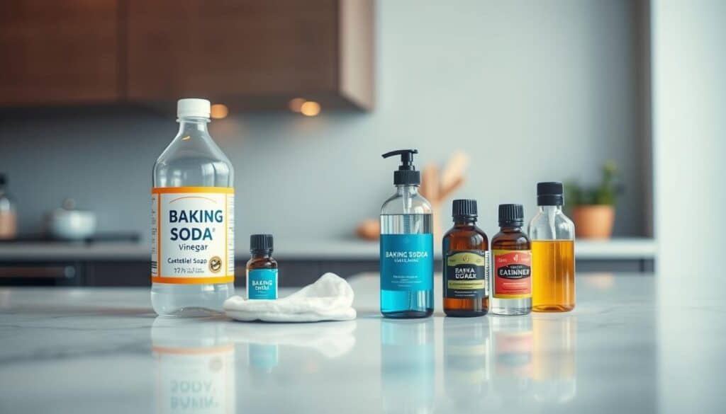 A sleek, modern kitchen counter displays an assortment of natural cleaning solutions - baking soda, vinegar, castile soap, and essential oils. The items are arranged artfully, with clean lines and a minimalist aesthetic. Soft, warm lighting from above casts a gentle glow, highlighting the transparency of the glass bottles and the natural textures of the ingredients. The background is slightly blurred, keeping the focus on the cleaning products and their simplicity. An airy, serene atmosphere pervades the scene, conveying the idea of effective, eco-friendly cleaning without harsh chemicals.