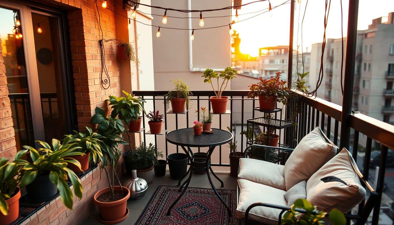 A small apartment balcony transformed into a cozy retreat with string lights, potted plants, and comfortable seating