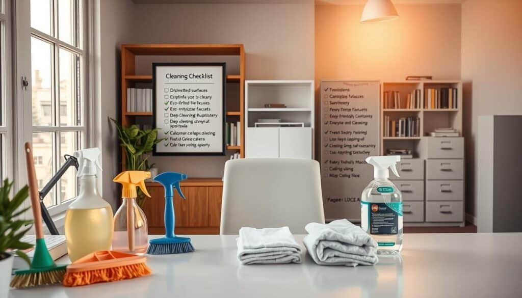 A spotlessly clean, well-organized home office, illuminated by warm, diffused lighting from large windows. In the foreground, a desk with neatly arranged cleaning supplies, including scrub brushes, microfiber cloths, and eco-friendly cleaning solutions. On the wall, a framed checklist outlining the detailed steps for professional deep cleaning services, such as disinfecting surfaces, sanitizing fixtures, and deep-cleaning carpets and upholstery. In the background, bookshelves and filing cabinets stand pristine, showcasing the meticulous attention to detail expected from a reputable deep cleaning service. The overall atmosphere conveys a sense of order, cleanliness, and professionalism.